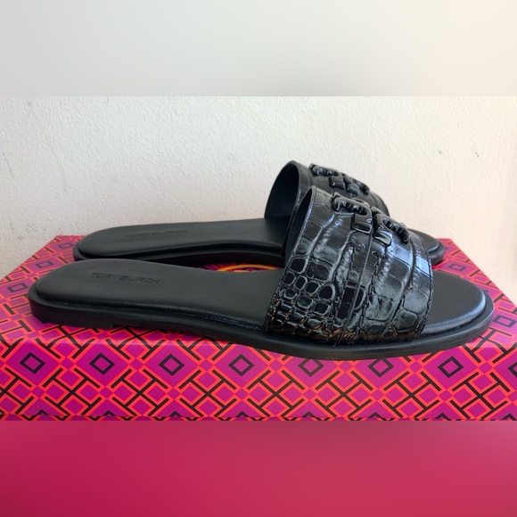 S⭕️LD‼️New Tory Burch Everly Slide in Perfect Black Croc Embossed Size 7 - Picture 3 of 12